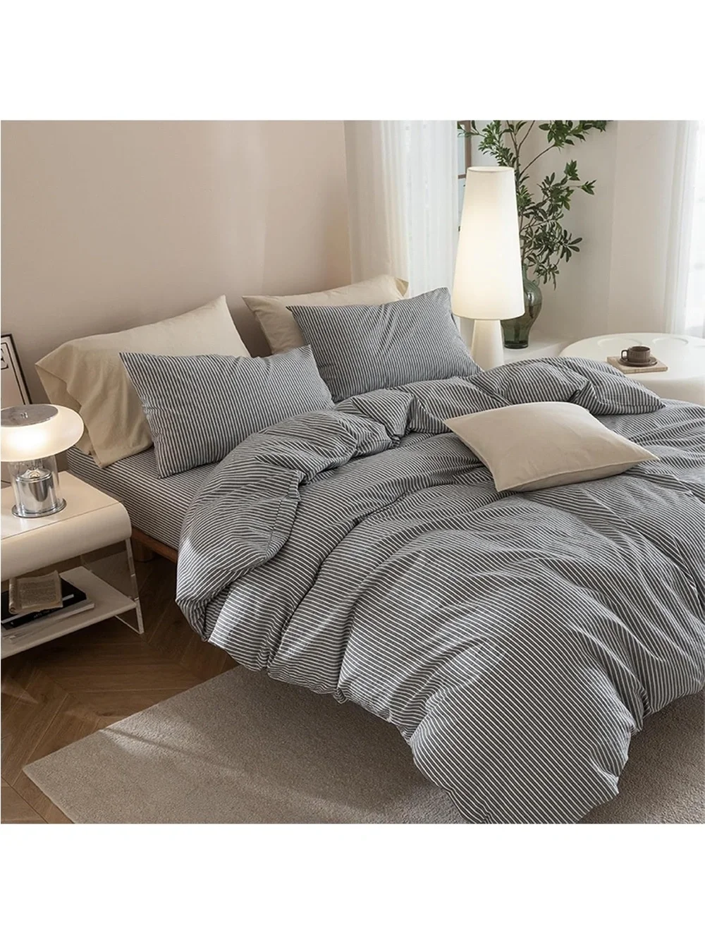 NEW Queen 100% Washed Cotton Duvet Cover Set, 3-Piece, Linen-Like Pinstripe